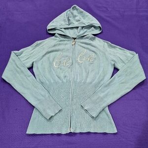 Bebe Rhinestones Logo Jade Green Hoodie Long Sleeve Zip Up Sweater - Small.